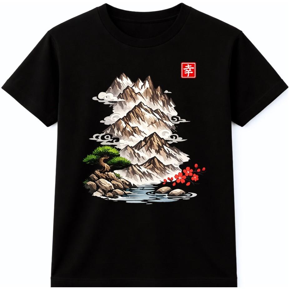Japanese Mountain T Shirt Sakura Bonsai Landscape Art Graphic Tee Vintage Style S