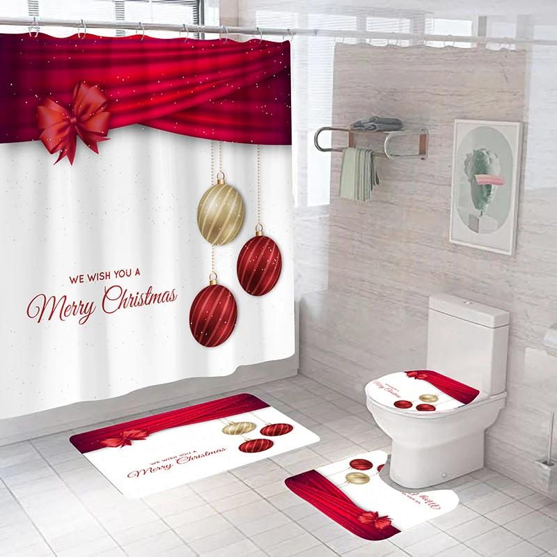 New Christmas Ball Shower Curtain Set Christmas Bath Mat Set Carpet Toilet Cover Bath Mat Room Set Decoration Non-Slip Carpet