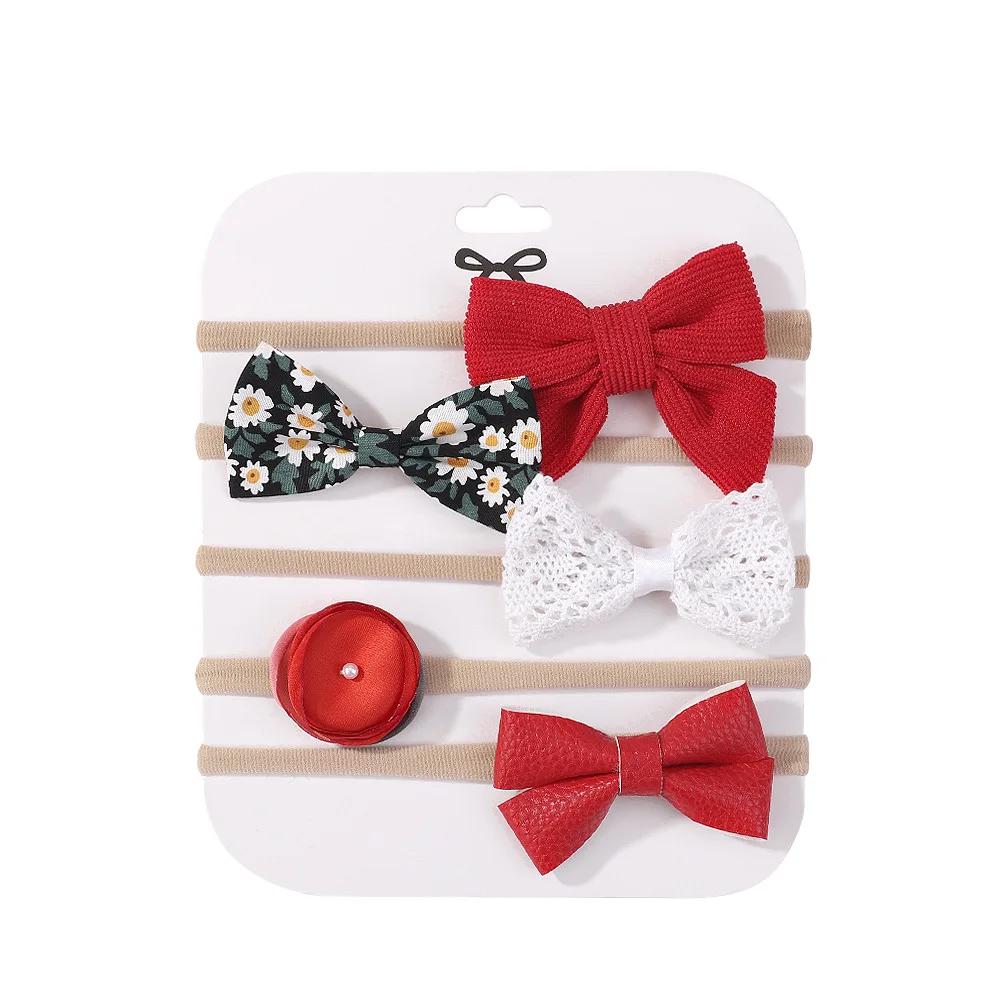 5Pcs Baby Bows Lace Flower Headband Print Nylon Cotton Hair Bands for Girls Children Newborn Toddler Soft Hair Accessories