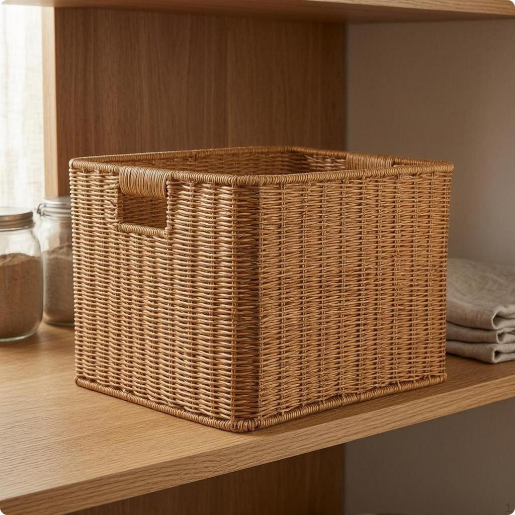 Cesto in Rattan con Apertura Superiore Manici Ritagliati Rettangolari Marrone Chiaro 35x26x18.5cm