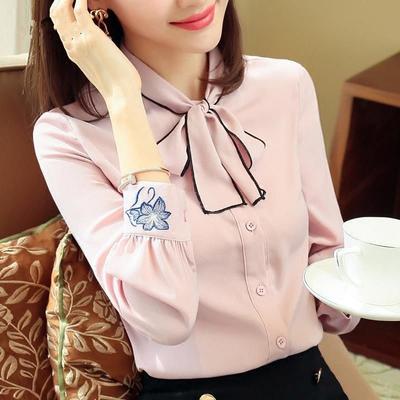 Embroidered Shirt for Women  Autumn New Korean Style Bow Top Fashionable Pink Long-sleeved Chiffon Shirt