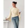 Womens Solid Color Off-Shoulder Long Sleeve Top With Flared Sleeves Slim Fit Knit Blouse 2026