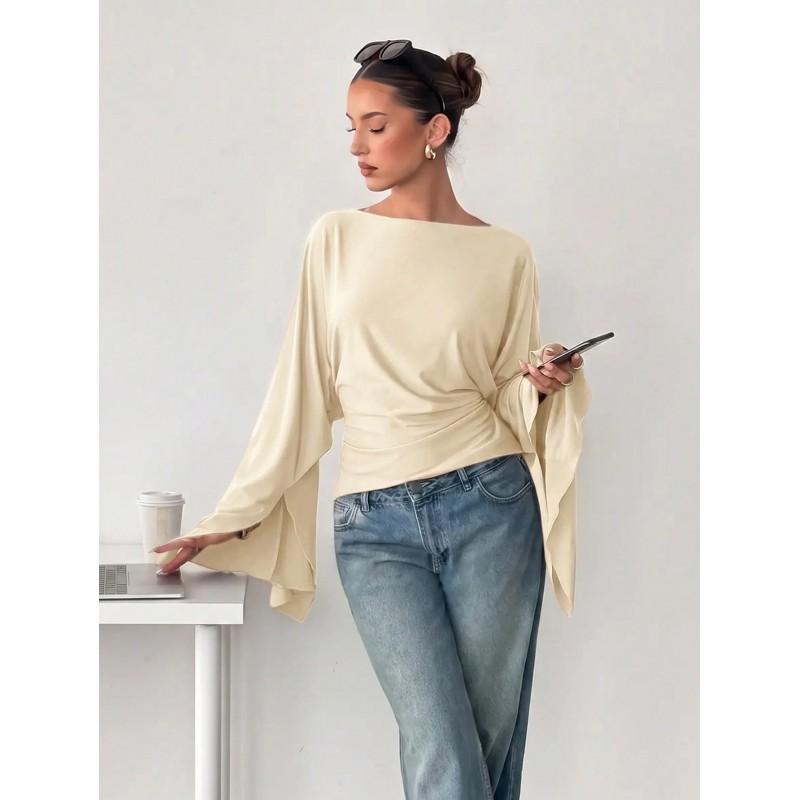 Womens Solid Color Off-Shoulder Long Sleeve Top With Flared Sleeves Slim Fit Knit Blouse 2026