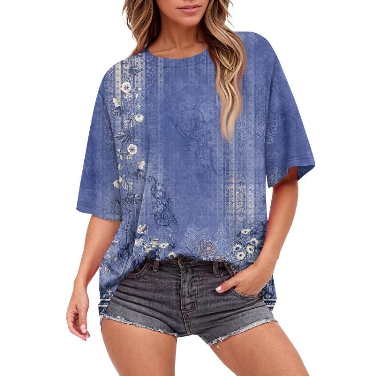 Floral Printed Womens Casual T Shirt Loose Short Sleeve Round Neck Fashion Top