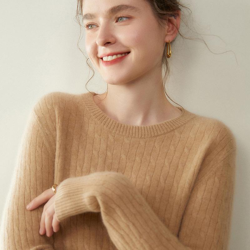 Women's Autumn/Winter Cable Knit Cashmere Sweater, Twelve Gauge, Small Round Neck, Slimming Loose Fit, Long Sleeve Base Layer