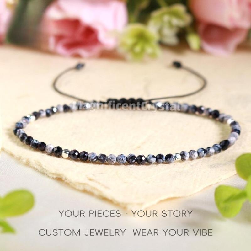 Snowflake Obsidian bracelet: Simple multi-faceted beaded Bohemian-style jewelry, black and white crystal anklets