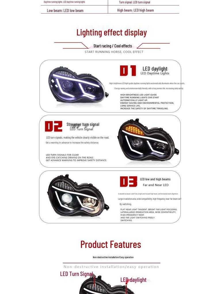 2000-2006 Mercedes-Benz C-Class W203 C200K LED Projector Headlights with DRL & Turn Signals