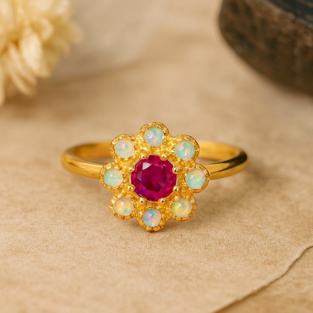Wedding Engagement Anniversary Promise Gift – Red Ruby & White Opal Ring, Handmade Art Deco July Birthstone Gemstone Bridal Jewelry