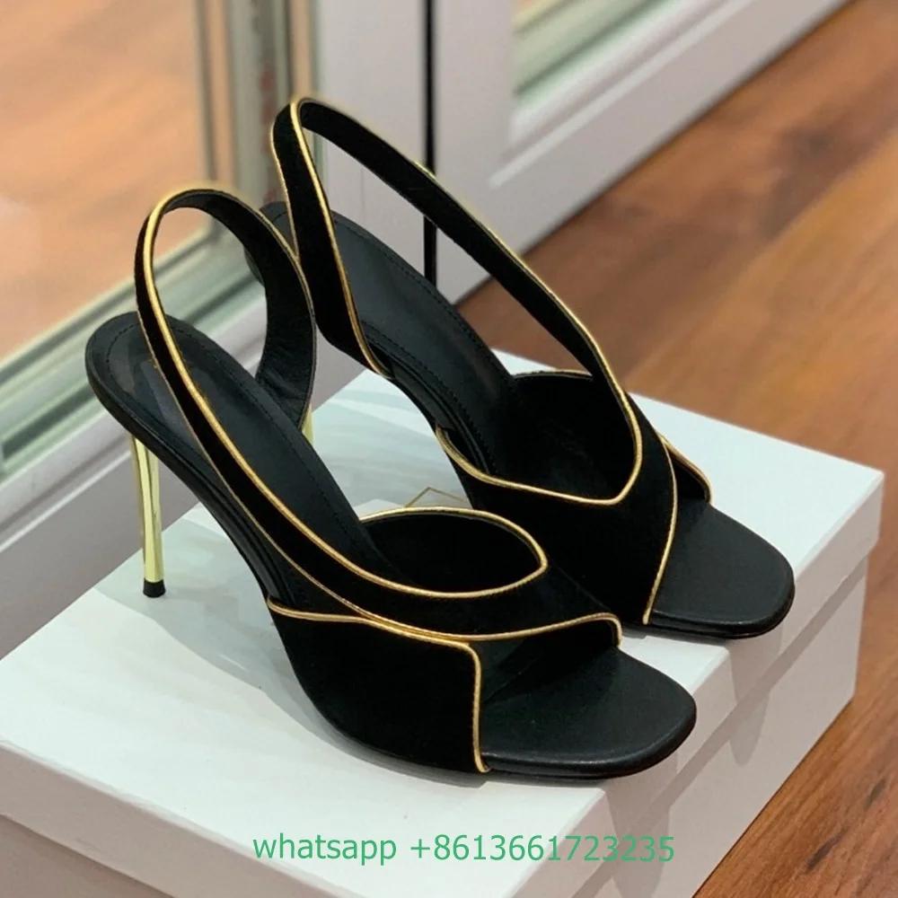 Meatl Stiletto High Heel Suede Mixed Color Splicing Sandals Slip On Women Sandals Slingback Catwalk Design Luxury Shoes