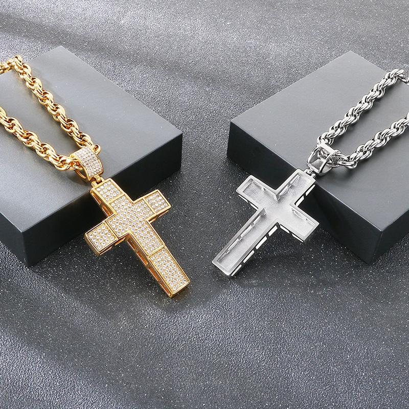 Hip Hop Full Rhinestone Stainless Steel Cross Pendant Necklace for Men Larger Gold Color Cross Party Jewelry Gift CNC Stone