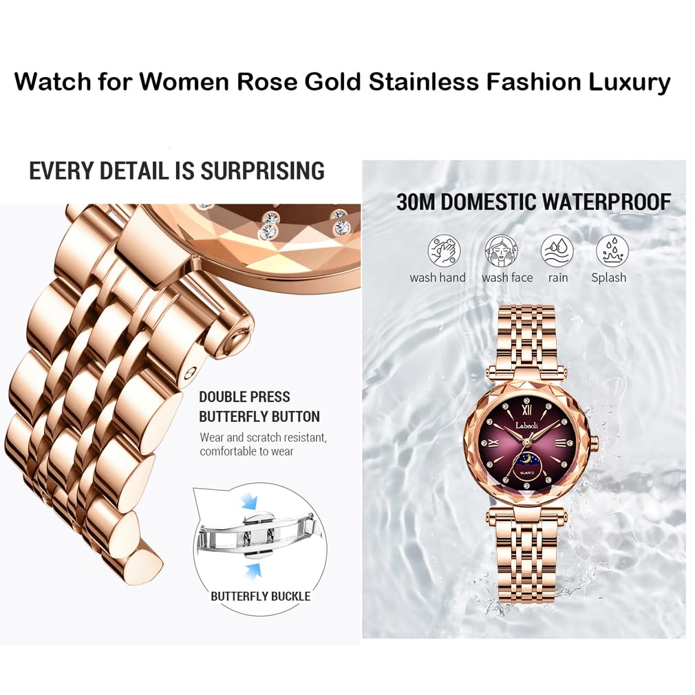 Rose Gold Watch with Brand Stainless Business Gift for Purple Women's Crystals, Stylish, Waterproof, Name, Steel, Watch, Luxury, Cute, Her,
