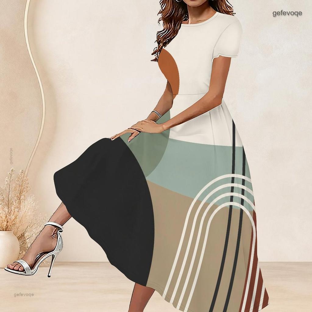 Women Plus Size Round Neck Short Sleeve Abstract Printed White Purple Gray A Line Long Dress