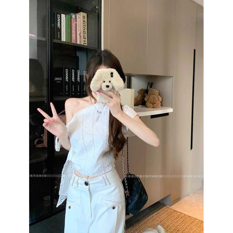 Kumikumi Design Sense Lace White Silk Crochet Sloping Shoulder Short sleeve T-shirt Women Summer Slimming Versatile Top