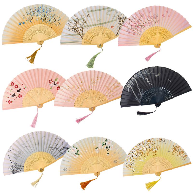 Chinese Style Bamboo Tassels Ink Wash Pattern Dance Party Show Silk Cloth Ornament Folding Fan Hanfu 9 Colors