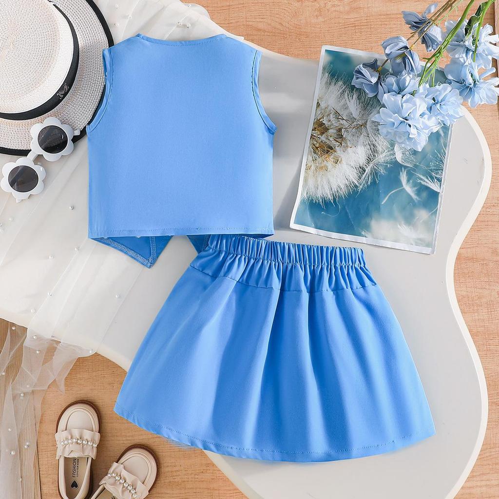 2PCS Girls Flower Applique Sleeveless Vest & Pleated Skirt Set, Button-Down Two-Piece Outfit