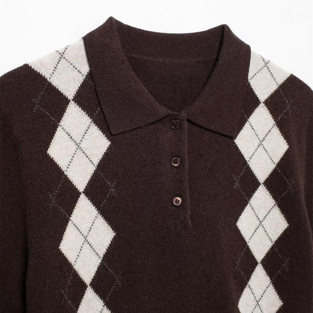 2025 Spring Women's Argyle Jacquard Knit Top with Turn-Down Collar and Short Sleeves