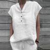 Baumwolle Leinen Bluse Frauen Sommer Casual V-ausschnitt Kurzarm Shirt Plus Größe Einfarbig Tops