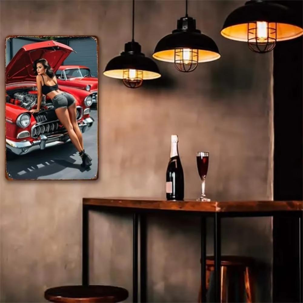 Vintage Iron Wall Art Nude Lady with Red Car 8x12 Inch Garage Man Cave Decor