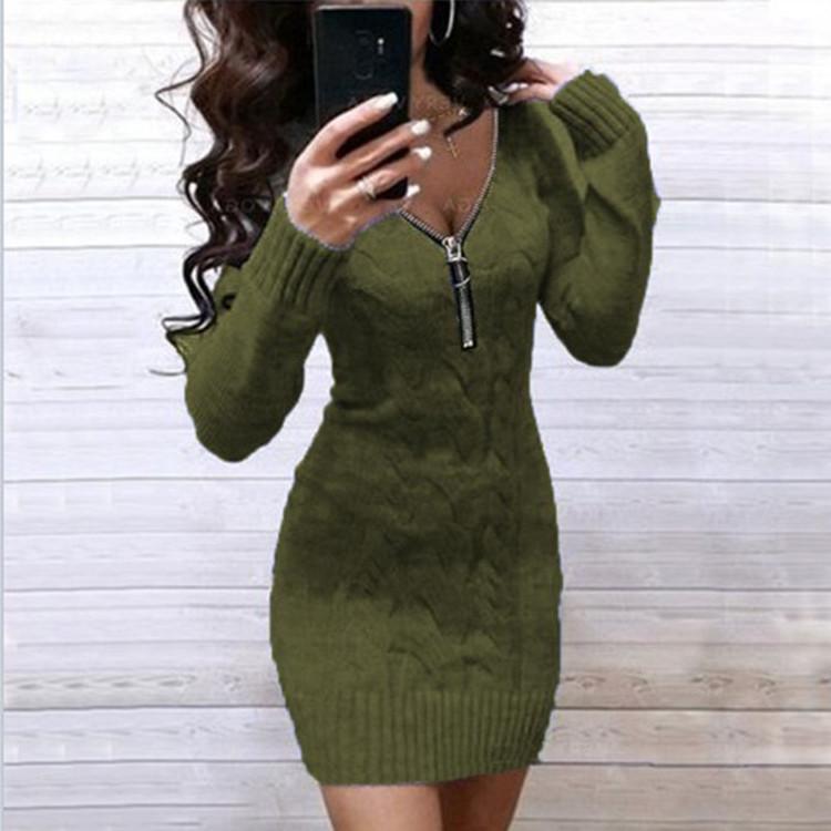 2023 European V-neck Zip Knit Dress - Slimming Sweater
