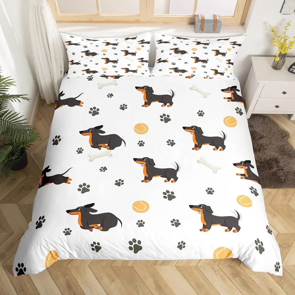 Dachshund Theme Duvet Cover Set Cartoon Puppy Bedroom Quilt Cover Three-Piece Bedspread