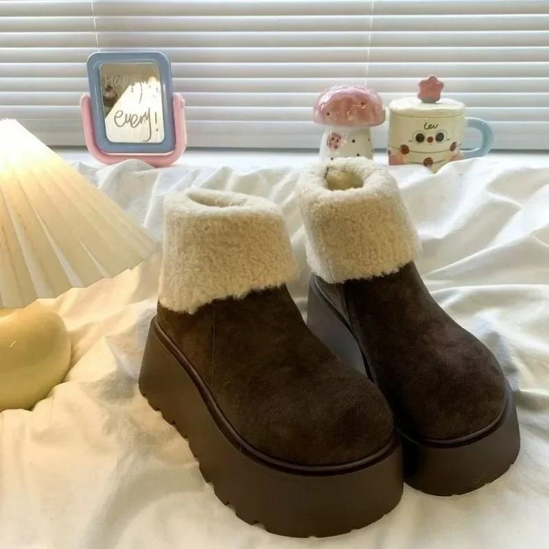 Platform Women's Snow Ankle Boots Suede Mid Heel Cotton Shoes Short Plush Warm Boots Trendy Winter Casual Boots Botas De Mujer