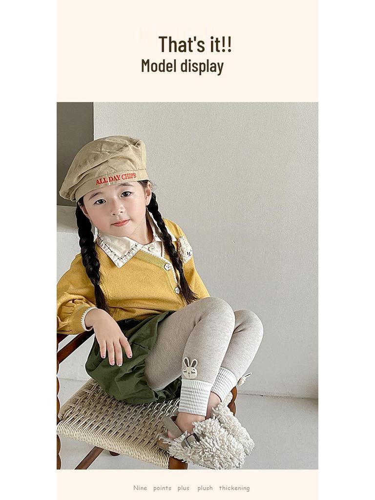 Girls' Velvet-Lined Fleece Leggings - Medium-Thick, Striped Rabbit Design for Winter