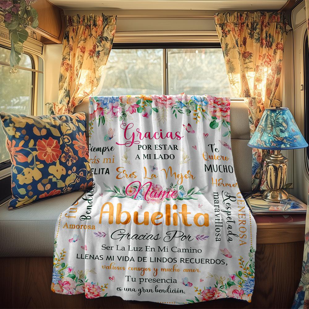 Floral Gracias Abuelita Customize Your Name Rv Blanket Soft Comfortable Lightweight For Travel Camping Picnics Sofa Bed Living Room Birthday Giftt37