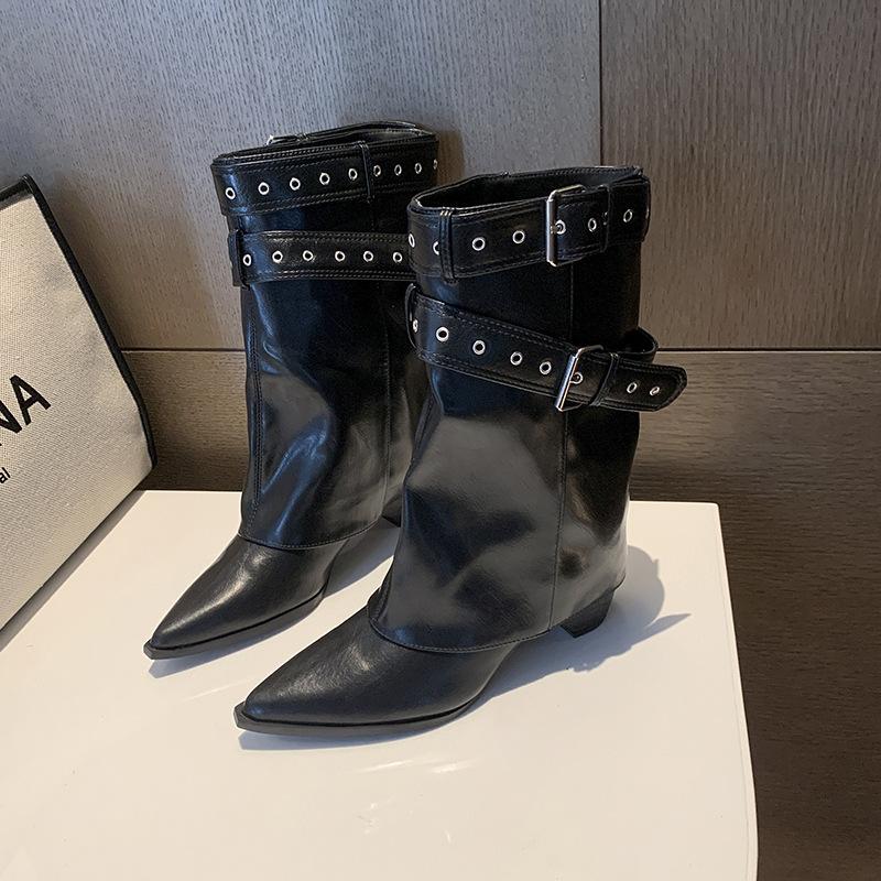 

[Fanfna] American Spice Girls Belt Buckle Pants Boots Women s 2025 Autumn New Fashion Niche Design Short Boots 40 чорний
