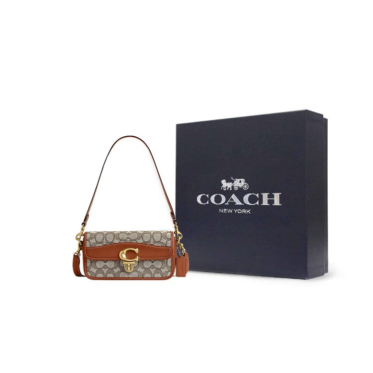 Coach Studio 20 Gold Logo Classic Monogram Multi-Functional Pocket Turn-Lock Closure Leather And Fabric Baguette Bag Women Handbags CJ860-B4TA7
