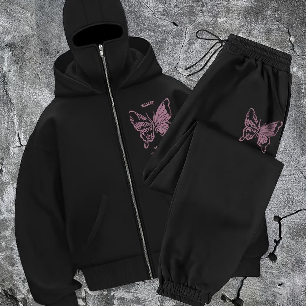 Women's Fashion Trendy Printed, Balaclava Double Hood and Collar Zip-Up Sweatshirt  Pants Set