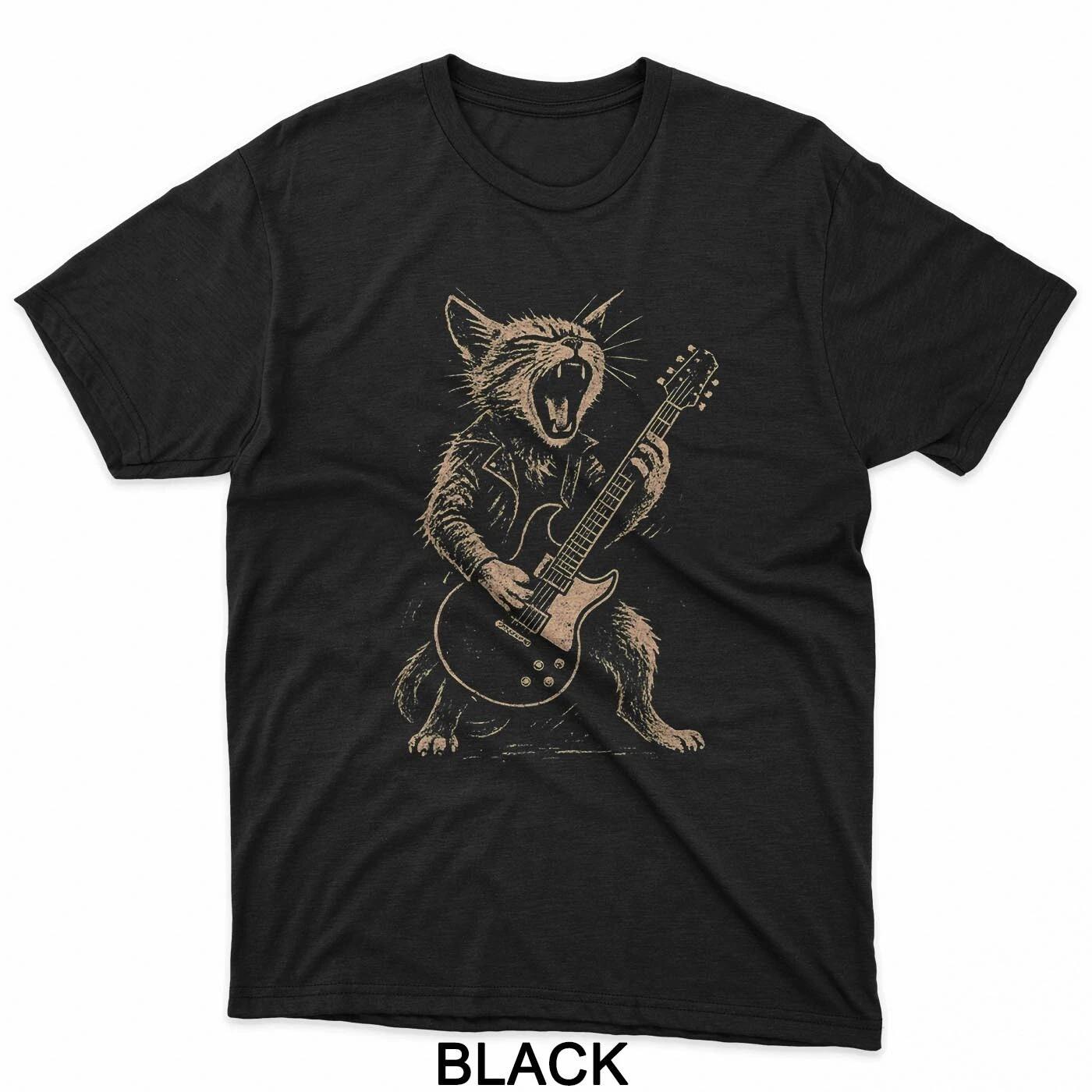 Кот играет на гитаре Рок-звезда Рок-н-ролл для мужчин и женщин Футболка L