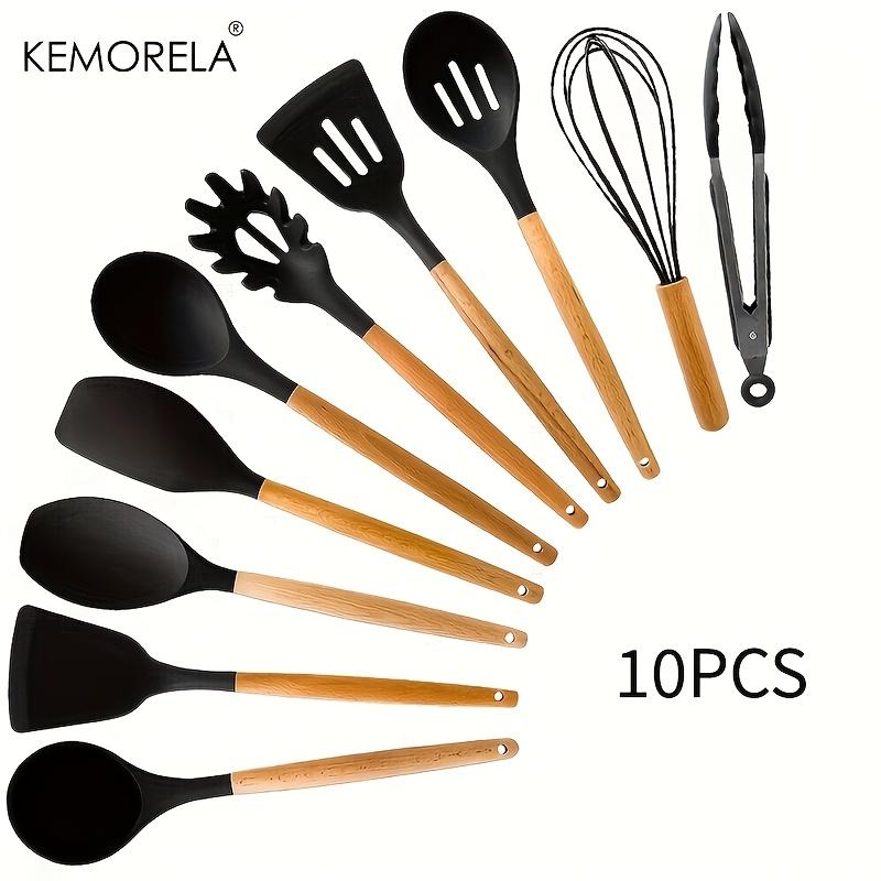 

10PC Silicone Cooking Utensils Set Heat Resistant Non-Stick with Wooden Handle Includes Spatula Turner Spoon Tong Whisk