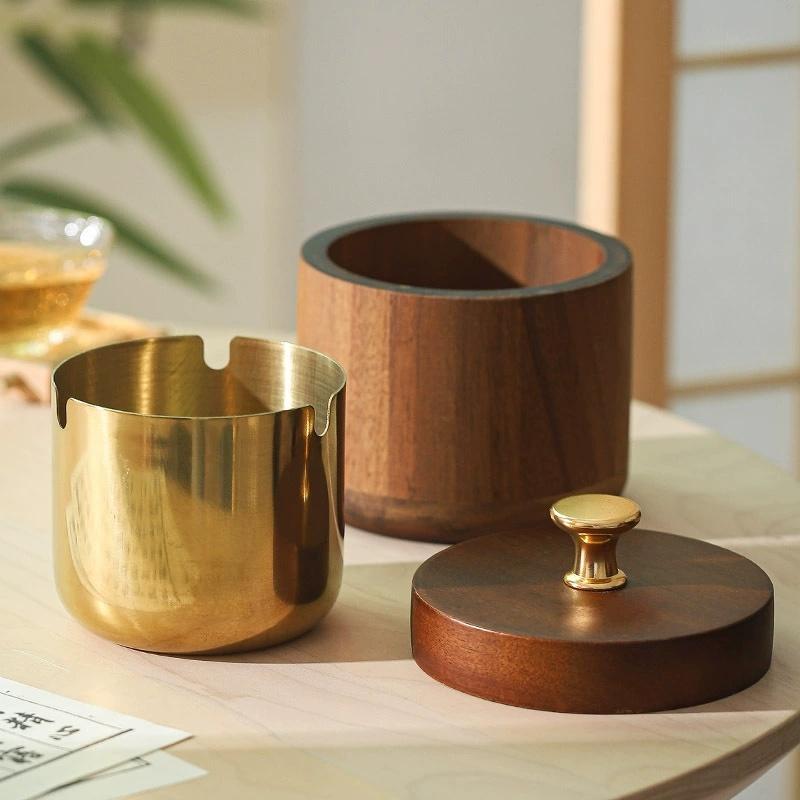 Solid Wood with Lid Ashtray for Home Living Room, Stainless Steel Inner Container, Luxurious and Retro Style Ashtray, Dust-proof