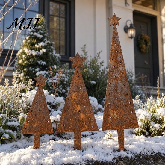 Portable Yard Decor 3 Pcs Christmas Tree Metal Ornament Set, Star-Topped Decorations, Rustproof Garden Ornaments Lightweight Holiday for Home Balcony