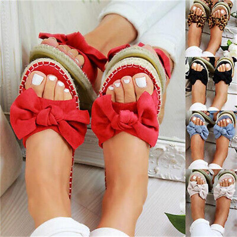 Elegant Women Slip On Sandals Bow Flat Mule Espadrille Shoes Summer Sliders