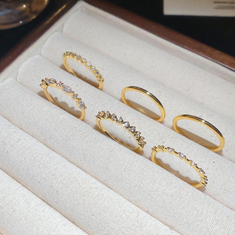 Zircon Geometric Round Ring Six-piece Set French Court Style Versatile Index Finger Ring Light Luxury High Sense Ring