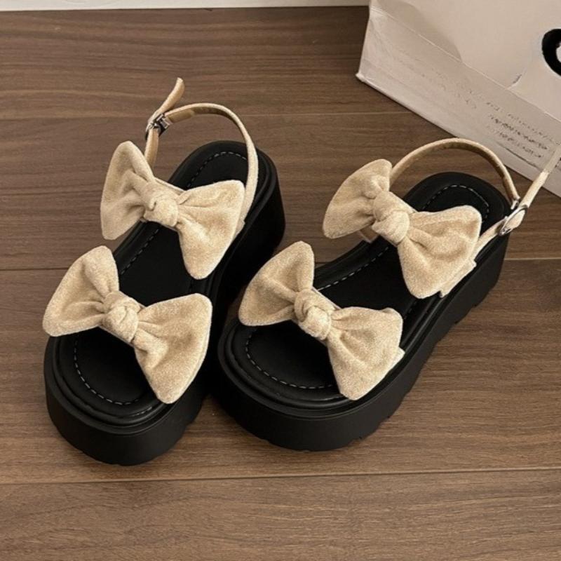 Summer Fabric Butterfly Knot High Heels Women's Round Head Open Toe Waterproof Platform Non-slip Wedges