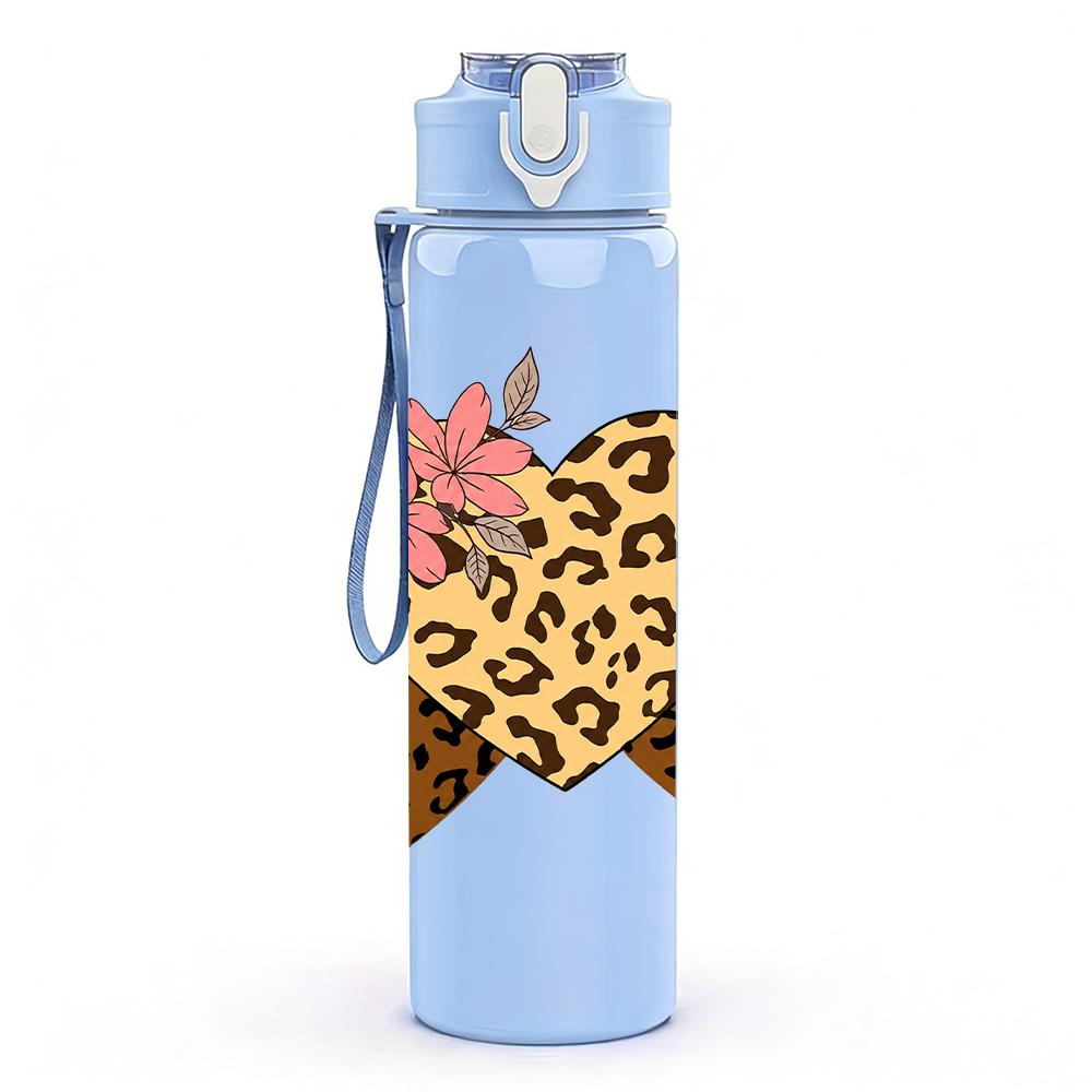 1PC Triple Leopard Heart 750ml Color Plastic Sports Water Bottle Leakproof Flip Straw Lid Suitable for Sports Office Home Use