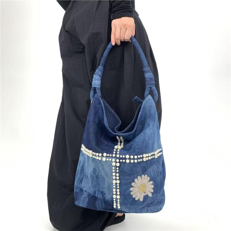 Borsa a Spalla in Denim Vintage Lavato da Donna Borsa Tote Grande Capacità Decorata con Perle