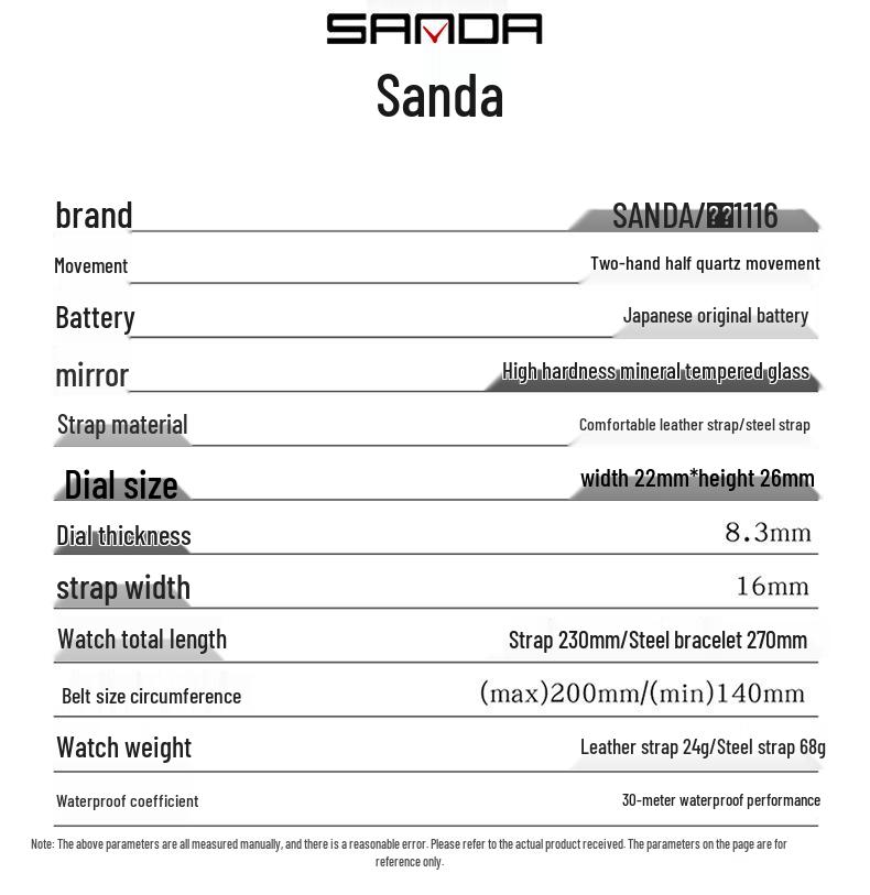 Stylish Sanda Square Steel & Leather Quartz Watch with Roman Numerals, Waterproof Design for Women