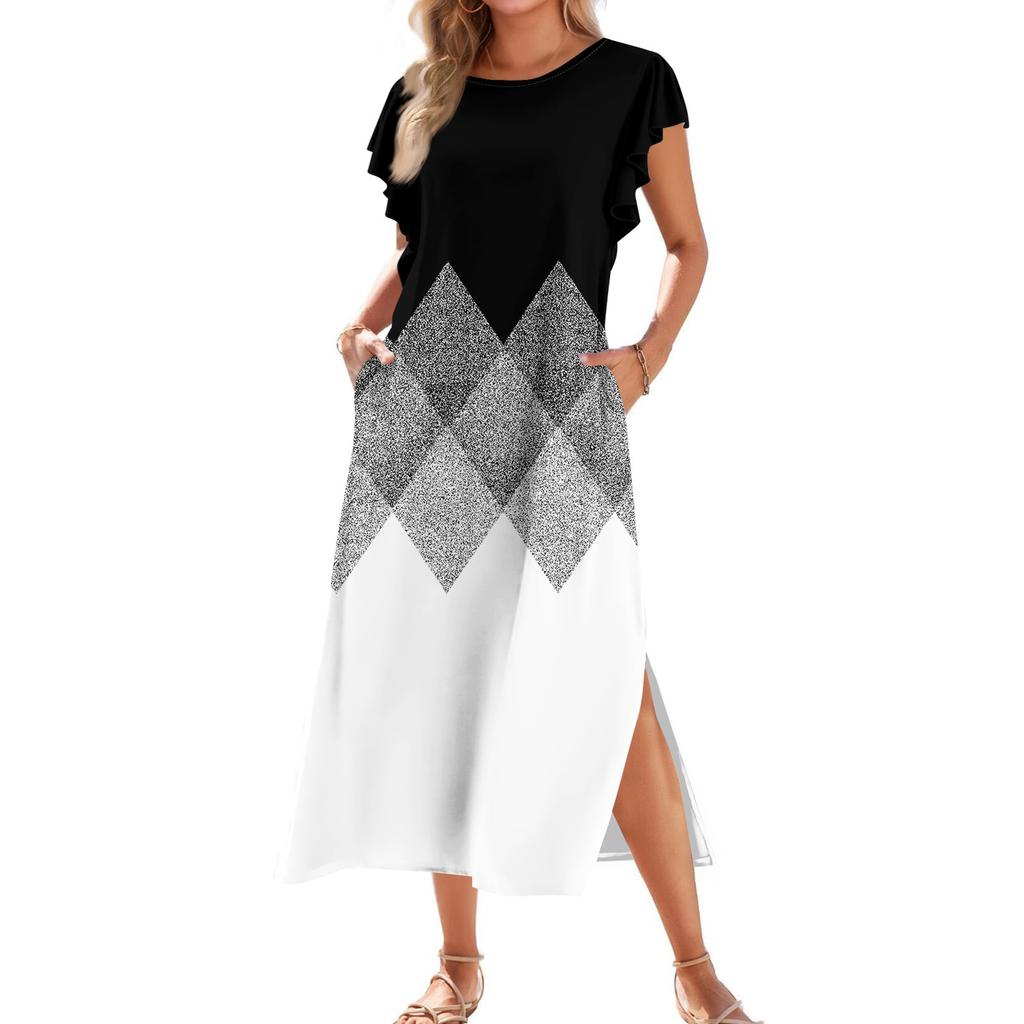 Ladies' Fashionable Summer Casual Pleated Sleeves, Loose Color Block Patchwork Printed Short-sleeved Round Tie Pocket Beach Dress