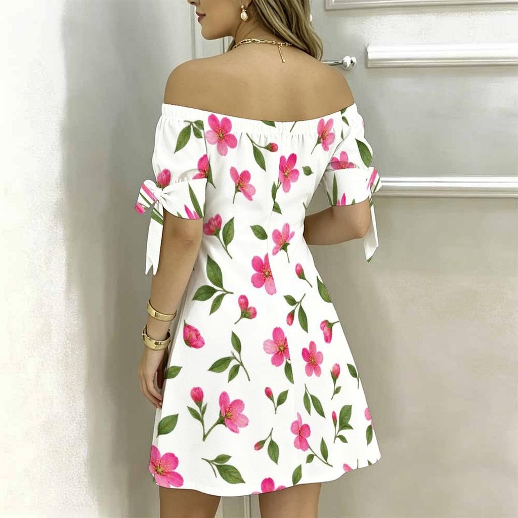 Women Plus Size Off Shoulder Short Sleeve Tie Cuff Printed White Blue Floral A Line Dress