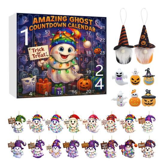 Halloween Advent Calendar 2025 24 Day Countdown Calendar with Acrylic Ghost/Gnome/Pumpkin Ornaments for Indoor Outdoor Home Party Decor