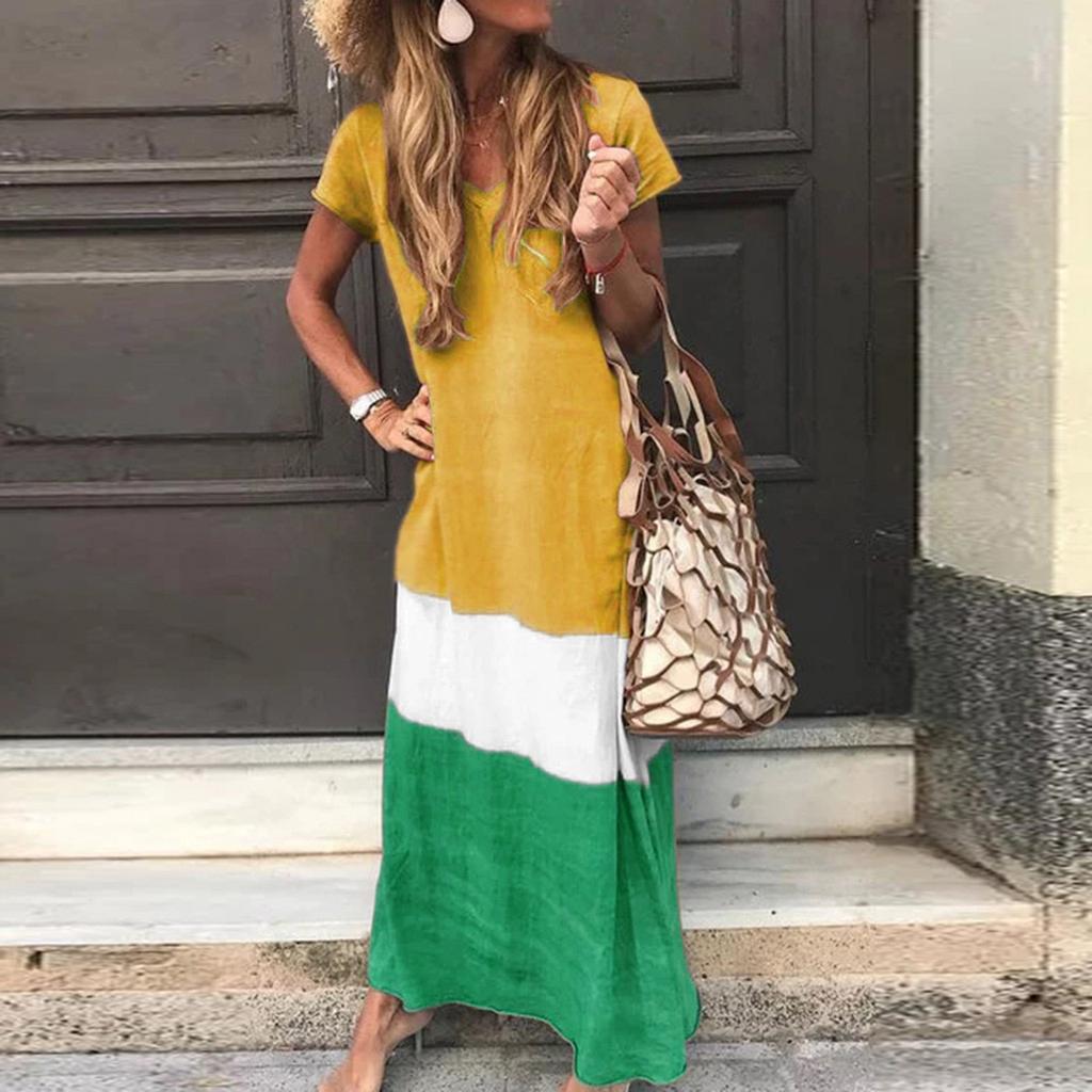 Summer Striped Print Casual Dress Women's V-neck Short Sleeve Vintage Dresses for Women Plus Size Beach Boho Loose Maxi Dress