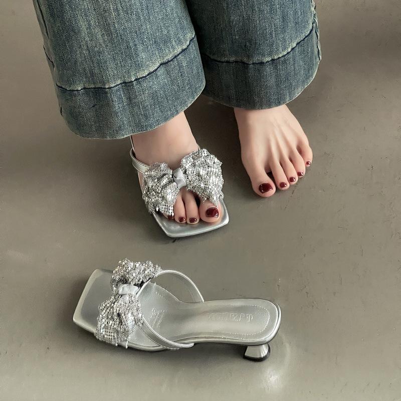 Versatile fashion square head high-heeled outer slippers women's summer 2025 new thick-heeled bow open-toed cool slippers