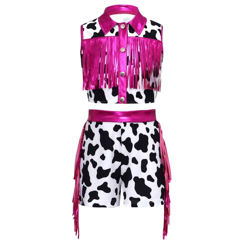 Mädchen Western Cowgirl Kostüm Metallisches Patchwork Ärmelloses Oberteil mit Fransen und Quasten-Shorts Outfit Set