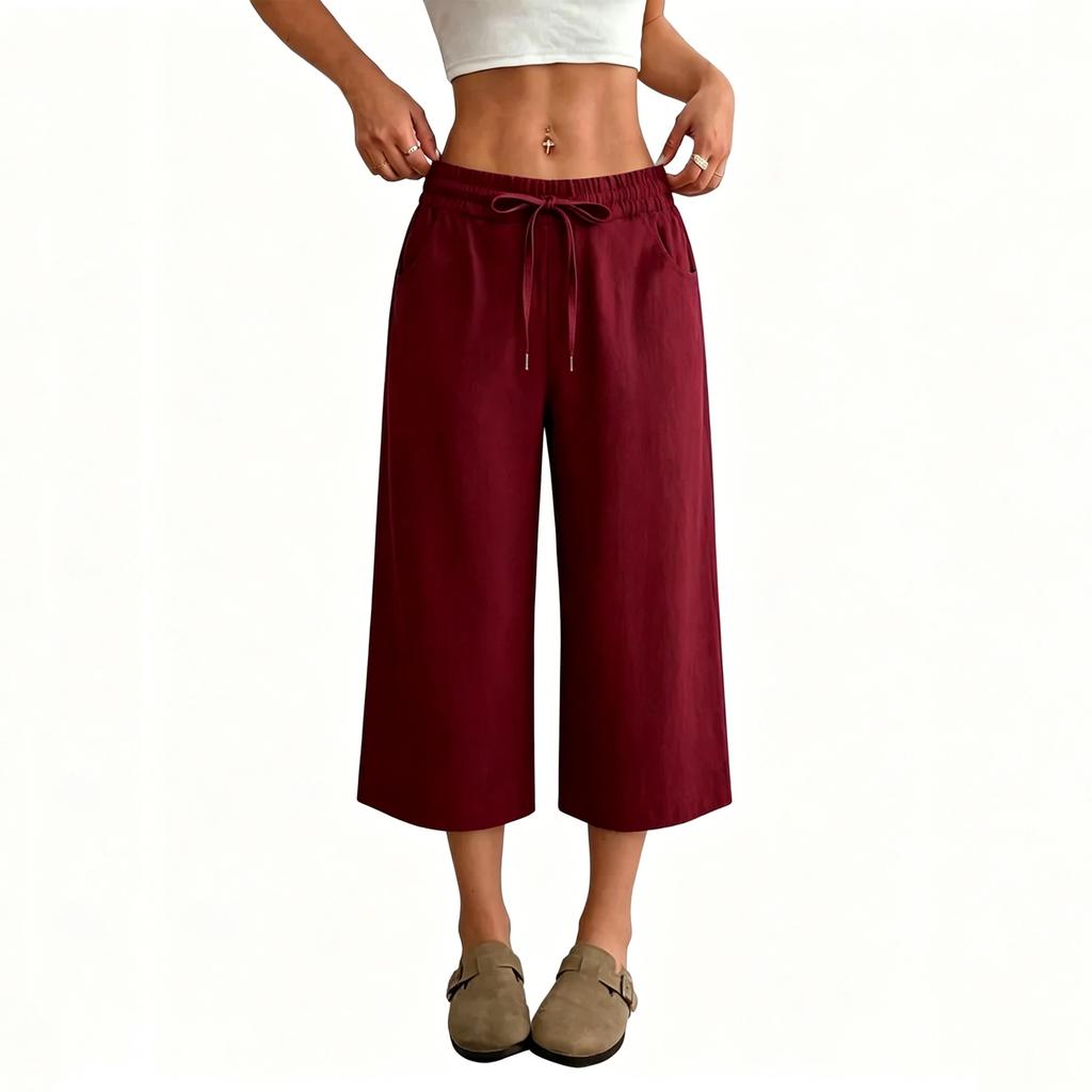 Women’s High Waist Wide Leg Drawstring Cropped Pants with Pockets Relaxed Fit Casual Summer Lightweight Design