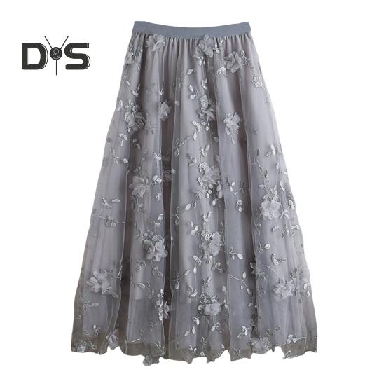 Women Midi Skirt Elastic High Waist Floral Embroidery Print Mesh Skirt Double Layered Tulle Large Hem A-Line Skirt