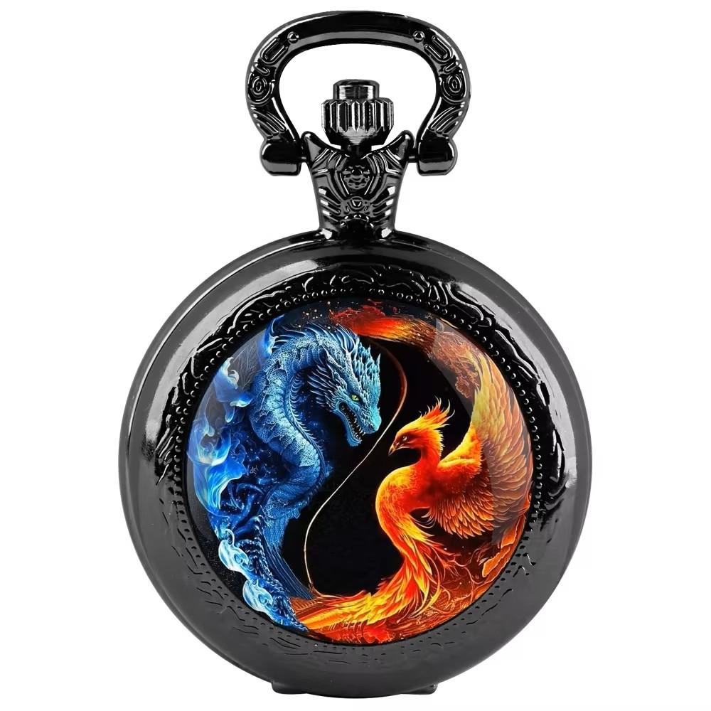 Vintage Retro Dragon Phoenix Chinese Yin yang Quartz Unisex Men Women Pocket Watch Quartz Necklace Pendant Clock Chain  Classic Dial Jewelry Gift