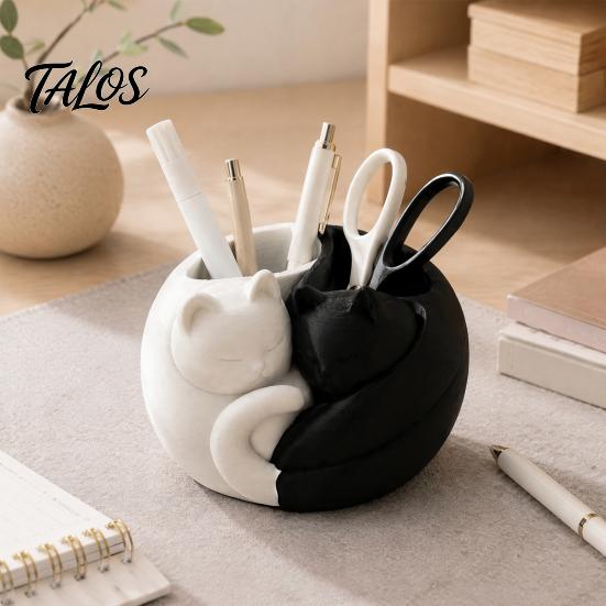 Desktop Stationery Organizer 3D Printed Cat Pen Holder, Cute Sleeping Kitty Organizer, 2-in-1 Multifunctional Storage Box for Makeup Brushes